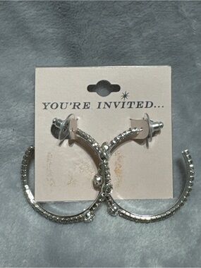 YOU'RE INVITED Silver Tone Shiny Clear Stones Hoop Earrings